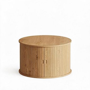 Round Coffee Table,Mid Century Modern Center Table,Wood Fluted Coffee Table,Drum Coffee Table