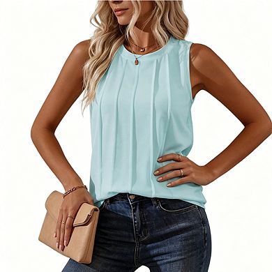 Women's Pleated Sleeveless Blouse Crew Neck Casual Tank Top