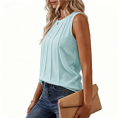 Women's Pleated Sleeveless Blouse Crew Neck Casual Tank Top