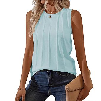 Women's Pleated Sleeveless Blouse Crew Neck Casual Tank Top