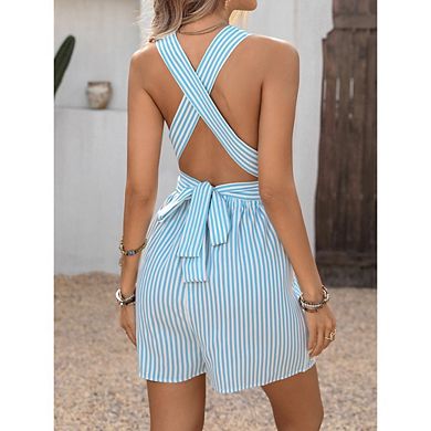 Women's Striped Sleeveless Romper with Criss-cross Back and Tie Waist