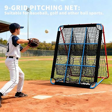 Adjustable Baseball & Softball Return Net, 9-Hole Pocket Hitting Pitching Trainer for patio Backyard