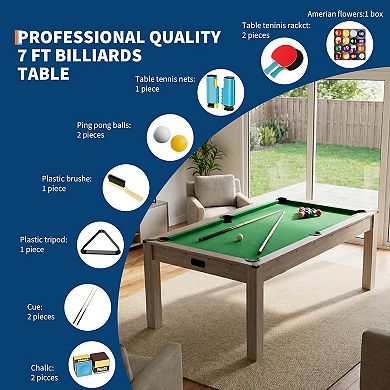 7FT 3 in 1 Pool, Dining, & Table Tennis Combo Table with Accessories-Balls, Cues, Ping Pong