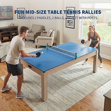 7FT 3 in 1 Pool, Dining, & Table Tennis Combo Table with Accessories-Balls, Cues, Ping Pong