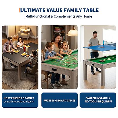 7FT 3 in 1 Pool, Dining, & Table Tennis Combo Table with Accessories-Balls, Cues, Ping Pong