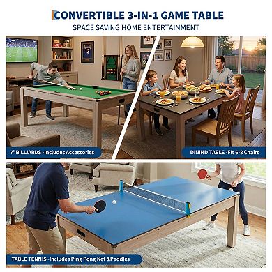 7FT 3 in 1 Pool, Dining, & Table Tennis Combo Table with Accessories-Balls, Cues, Ping Pong