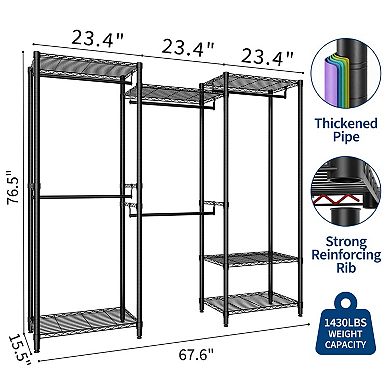 Heavy Duty 67" W Clothes Rack with 5 Hanging Rods & Adjustable Shelves,Freestanding Closet Organizer