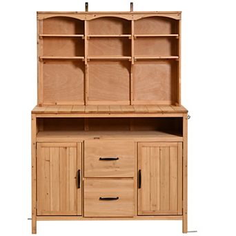 Merax 45.3"L Fir Wood Potting Bench Multi-Functional Outdoor Kitchen Island with Hutch, Cabinets