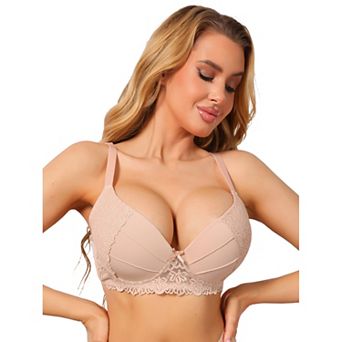 Women's French Plunge Lace Push Up Underwire Anti-Sagging Bra Fixed Cup Adjustable Straps Lingerie