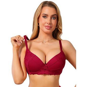 Women's French Plunge Lace Push Up Underwire Anti-Sagging Bra Fixed Cup Adjustable Straps Lingerie