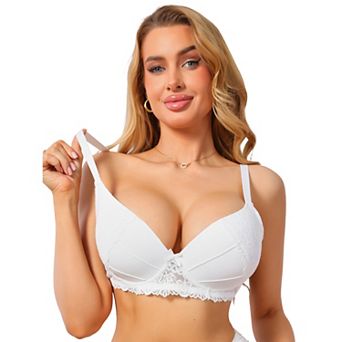 Women's French Plunge Lace Push Up Underwire Anti-Sagging Bra Fixed Cup Adjustable Straps Lingerie