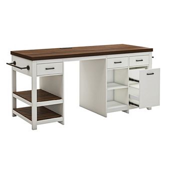 72" Large Stationary Kitchen Island with Power Outlet, 6 Storage Drawers, Open Shelves, Towel Bars