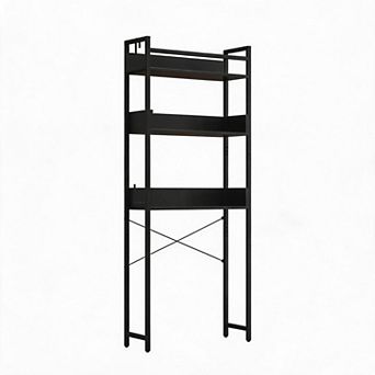 Freestanding Wooden Bathroom Organizer with Open Shelves and Basket