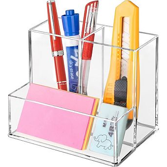 Clear Acrylic Pen Holder with 3 Compartments for Desk Organization
