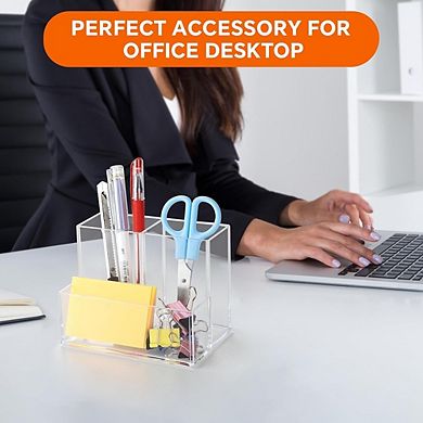 Clear Acrylic Pen Holder with 3 Compartments for Desk Organization