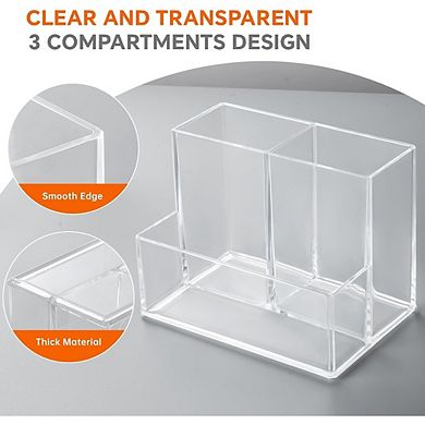 Clear Acrylic Pen Holder with 3 Compartments for Desk Organization