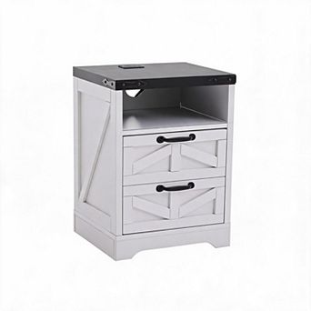 Night Stand White with Charging Station,Sturdy Engineered Wood