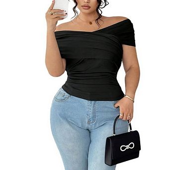 Women's Plus Size Off Shoulder Top Ruched Wrap Front Fitted Blouse