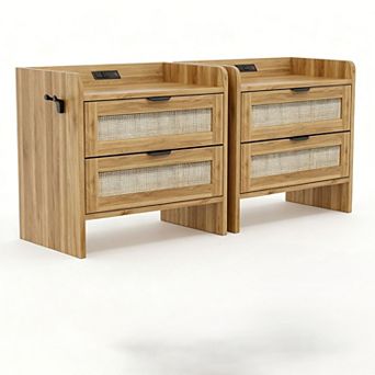Rattan‑Style Nightstand Set of 2 with Type‑C Charging Station