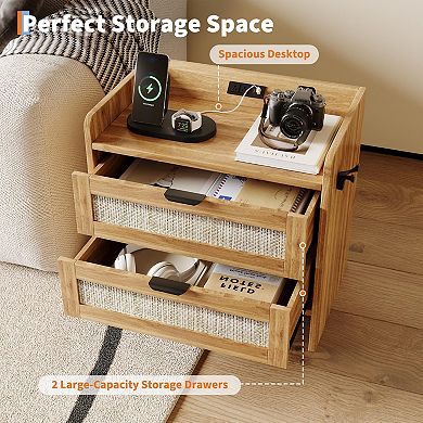 Rattan‑Style Nightstand Set of 2 with Type‑C Charging Station