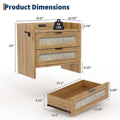 Rattan‑Style Nightstand Set of 2 with Type‑C Charging Station