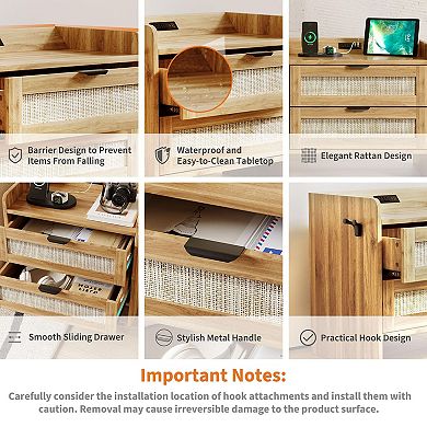 Rattan‑Style Nightstand Set of 2 with Type‑C Charging Station