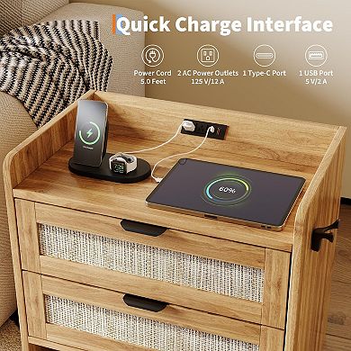 Rattan‑Style Nightstand Set of 2 with Type‑C Charging Station