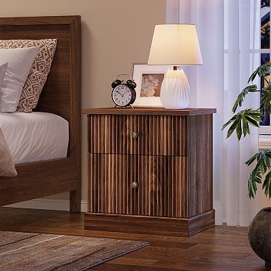 Modern Fluted Nightstand, Wood 24 Inch Bedside Table with 2 Drawers