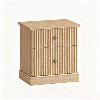 Modern Fluted Nightstand, Wood 24 Inch Bedside Table with 2 Drawers