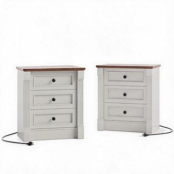 23.6" Wide Farmhouse Nightstand with Charging Station and 3 Drawers