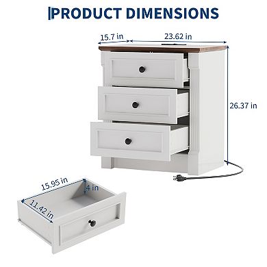 23.6" Wide Farmhouse Nightstand with Charging Station and 3 Drawers