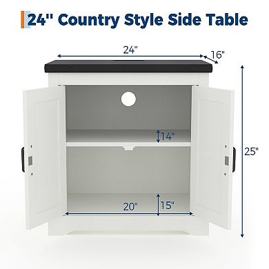 24" White Farmhouse End Table with USB Charging Station and Barn Door