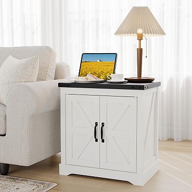 24" White Farmhouse End Table with USB Charging Station and Barn Door