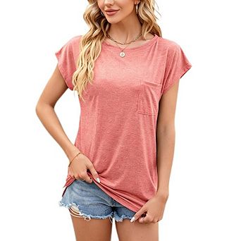 Women's Round Neck Short Sleeve Blouse Loose Casual Top with Pocket