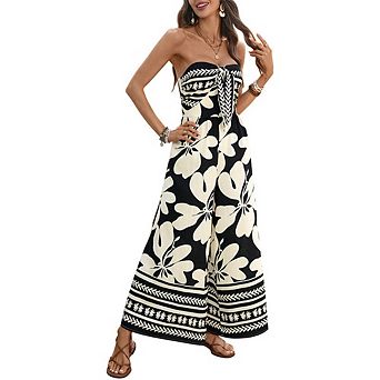 Women's Strapless BohoFloral Print Jumpsuit Tie Front Smocked Back Wide Leg Vacation Romper