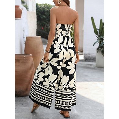 Women's Strapless BohoFloral Print Jumpsuit Tie Front Smocked Back Wide Leg Vacation Romper