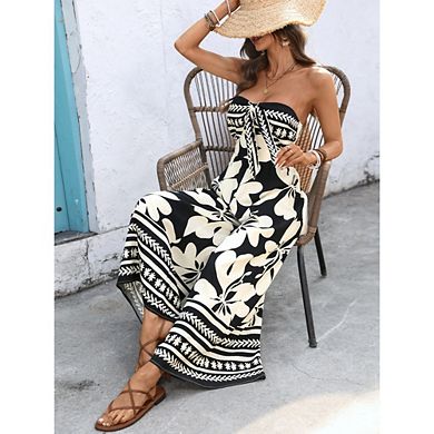 Women's Strapless BohoFloral Print Jumpsuit Tie Front Smocked Back Wide Leg Vacation Romper