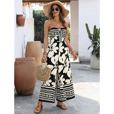 Women's Strapless BohoFloral Print Jumpsuit Tie Front Smocked Back Wide Leg Vacation Romper