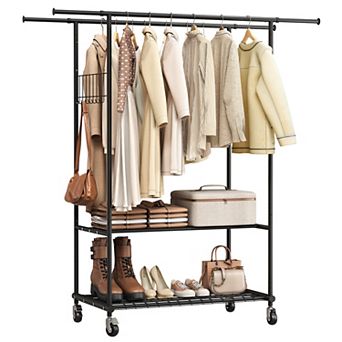 Heavy Duty Double Rod Clothes Rack with Wheels - Adjustable Portable Metal Garment Organizer