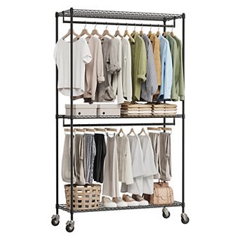 Heavy Duty Rolling Garment Rack - 3 Adjustable Wire Shelves - Double Hanging Rods - Metal Frame