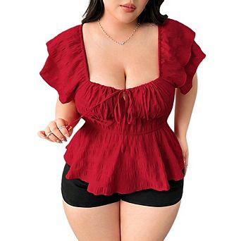 Women's Plus Size Square Neck Peplum Top Ruffle Sleeve Tie Front Blouse