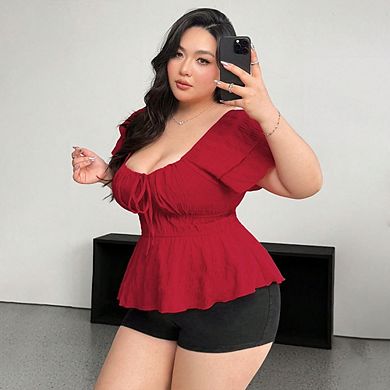 Women's Plus Size Square Neck Peplum Top Ruffle Sleeve Tie Front Blouse