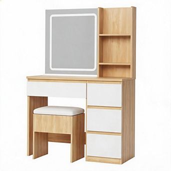 Modern Makeup Dressing Table with Outlets, Storage Stool, 4 Drawers and Hair Dryer Holder