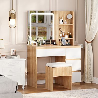 Modern Makeup Dressing Table with Outlets, Storage Stool, 4 Drawers and Hair Dryer Holder