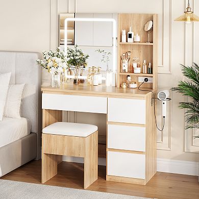 Modern Makeup Dressing Table with Outlets, Storage Stool, 4 Drawers and Hair Dryer Holder