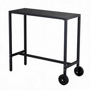 Outdoor Bar Table, Counter Height Patio Pub Table w/2 Wheels, Waterproof Top & Adjustable Feet