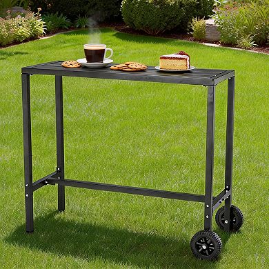 Outdoor Bar Table, Counter Height Patio Pub Table w/2 Wheels, Waterproof Top & Adjustable Feet