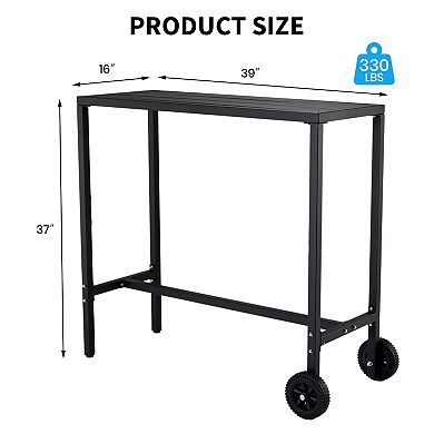 Outdoor Bar Table, Counter Height Patio Pub Table w/2 Wheels, Waterproof Top & Adjustable Feet