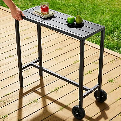 Outdoor Bar Table, Counter Height Patio Pub Table w/2 Wheels, Waterproof Top & Adjustable Feet
