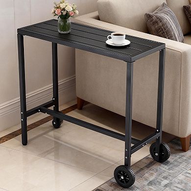 Outdoor Bar Table, Counter Height Patio Pub Table w/2 Wheels, Waterproof Top & Adjustable Feet